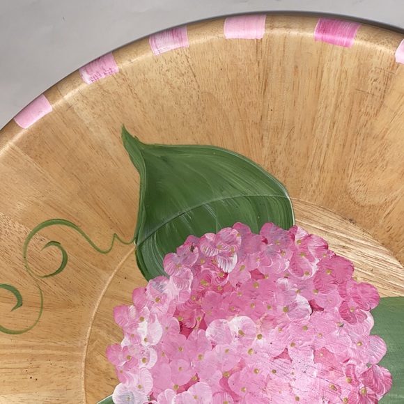 HP 🎉Pierrette Hand painted Hydrangea Green Leaf wooden bowl fork spoon server - Picture 7 of 14
